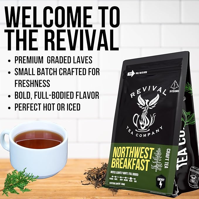 Revival Tea Company Northwest Breakfast Tea - Black Tea Blend with Western Cedar Tips, Assam