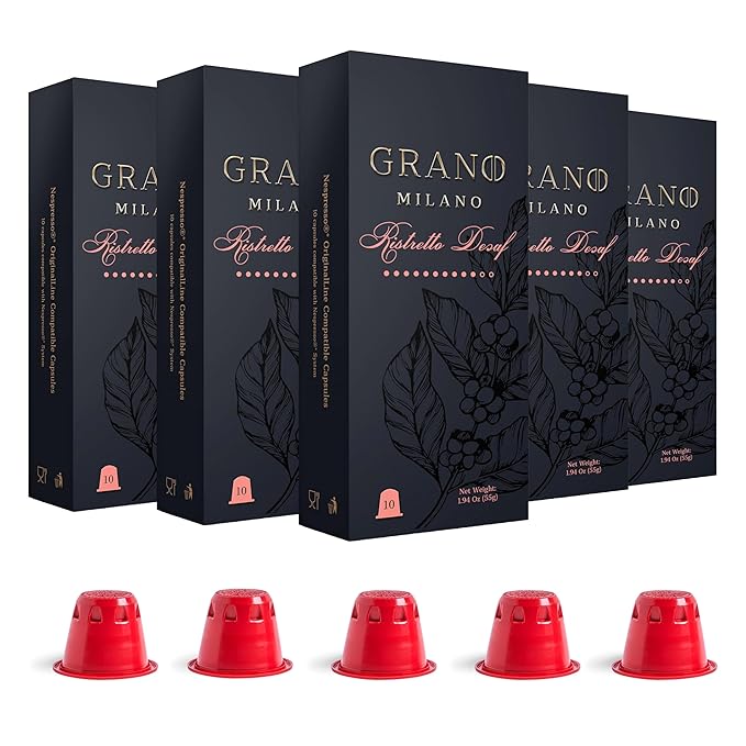 Grano Milano Ristretto Decaf - 50 Espresso Pods Compatible with Nespresso Original line, Medium