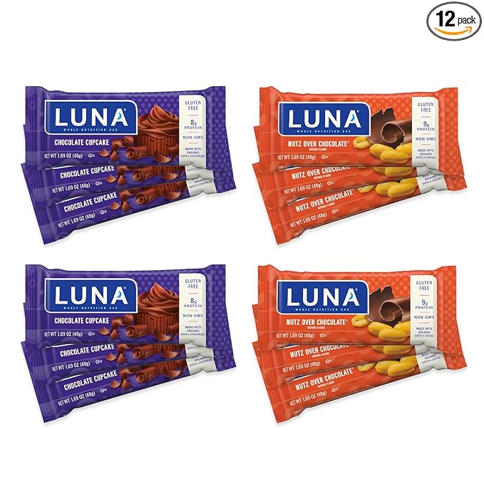Luna Bar - Variety Pack - Nutz Over Chocolate and Chocolate Cupcake Flavor - Gluten Free Snack Bars