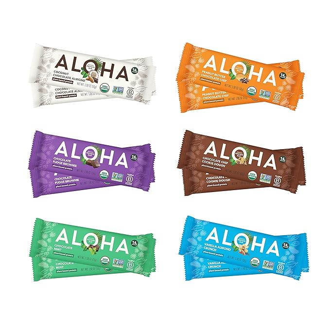 ALOHA Organic Plant Based Protein Bars - 6 Flavor Variety Pack - 12 Count, 1.9oz Bars - Vegan