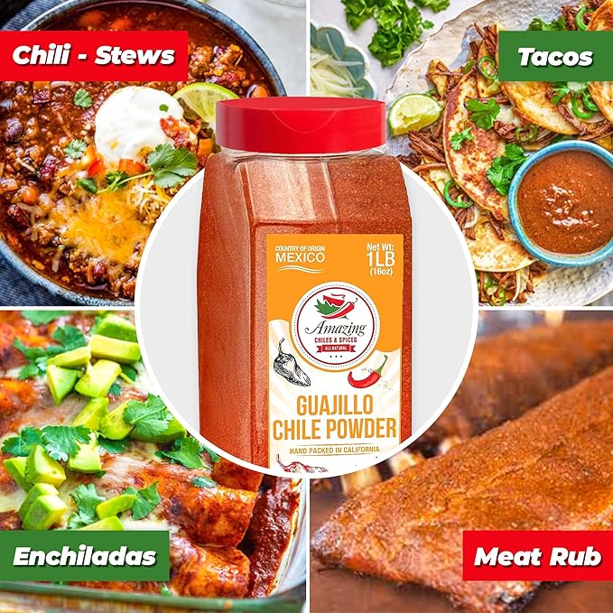 Guajillo Chile Powder Ground 1LB (16oz) – Natural and Premium. Great For Chili, Sauces, Stews