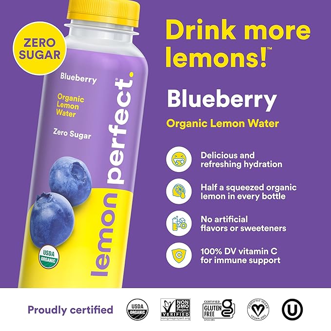 Lemon Perfect Blueberry, Flavored Lemon Water, Organic, Zero Sugar, Healthy Hydration Drinks, 15.2