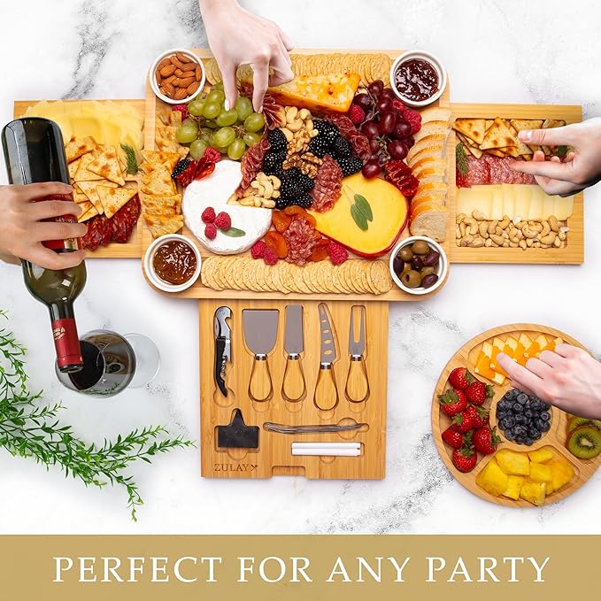Zulay Kitchen Deluxe Bamboo Cheese Board Set - Extra Thick Bamboo Charcuterie Board Set with 4