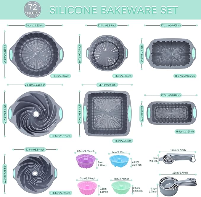 Tongjude 72 Pieces Silicone Bakeware Set, Nonstick Baking Pans Set, Easy Release Oven Silicone Pan