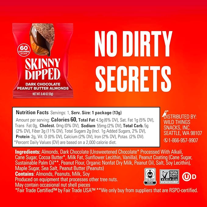 SkinnyDipped Dark Chocolate Peanut Butter Almonds, Healthy Snack, Plant Protein, Gluten Free, 0.46