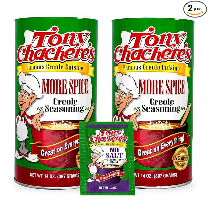 Tony Chachere's Creole and Cajun Seasoning Canisters (2 Pack + Packet) (2 Pack, More Spice with No