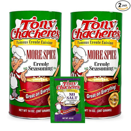 Tony Chachere's Creole and Cajun Seasoning Canisters (2 Pack + Packet) (2 Pack, More Spice with No