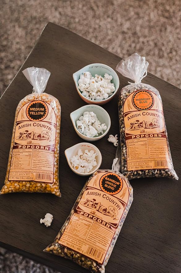 Amish Country Popcorn | 3-1 lb Bags | Variety Set | Midnight Blue, Rainbow, & Medium Yellow Popcorn