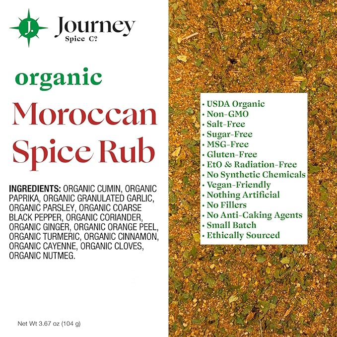 Organic Moroccan Spice Rub by Journey Spice Co. | Salt-Free, Sugar-Free, MSG-Free, Non-GMO |
