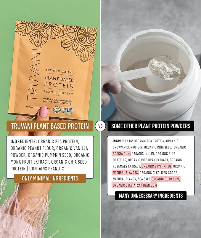 Truvani Vegan Pea Protein Powder | Peanut Butter | 20g Organic Plant Based Protein | 10 Servings |