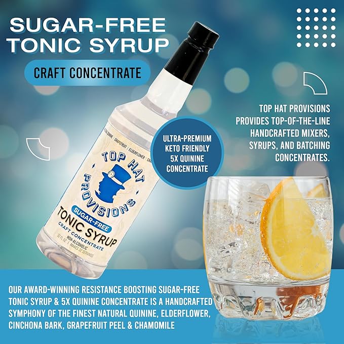 Top Hat Keto Sugar Free Tonic Syrup - 5x Diet Tonic Water Quinine Concentrate - Organic Monk Fruit