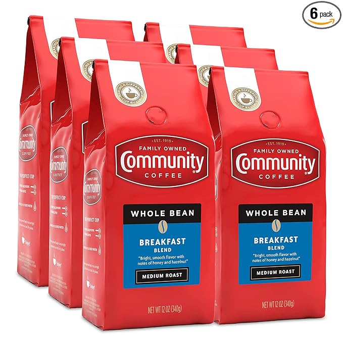 Community Coffee Breakfast Blend Whole Bean Coffee, Medium Roast, 72 Ounce (12 Ounce Bags, Pack of