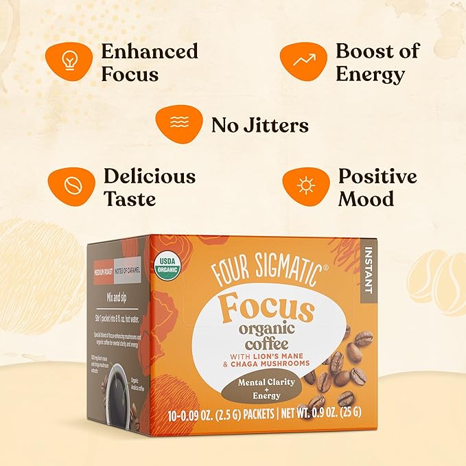 Four Sigmatic Focus Organic Mushroom Coffee | Instant Mushroom Coffee Mix with Lion's Mane, Chaga