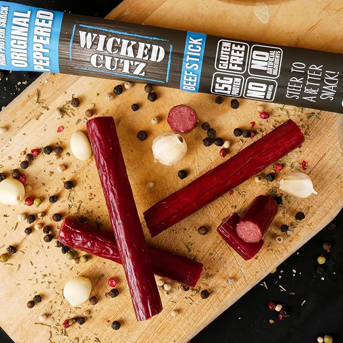 Wicked Cutz Original Peppered Beef Sticks, 15g Protein Per Beef Stick, Tender & Juicy Extra Large