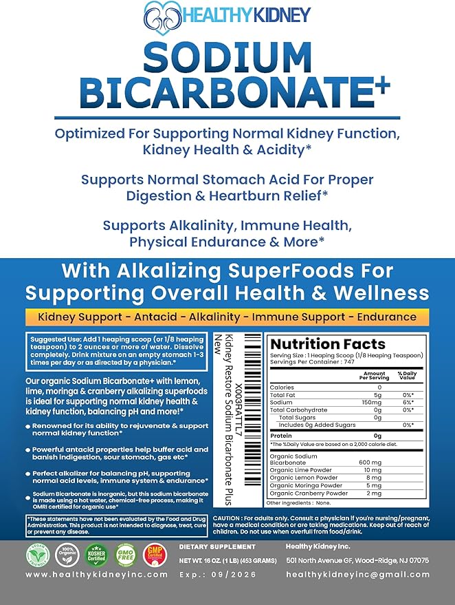 Organic Use Sodium Bicarbonate Alkaline Supplement for Alkalinity. Support Kidney & Stomach Acid
