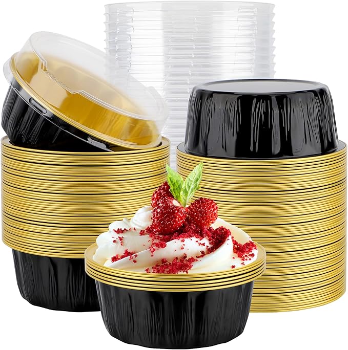 EUSOAR Dessert Cups with Lids, 100pcs 9oz Black Disposable Creme Brulee Ramekins, Cake Storage