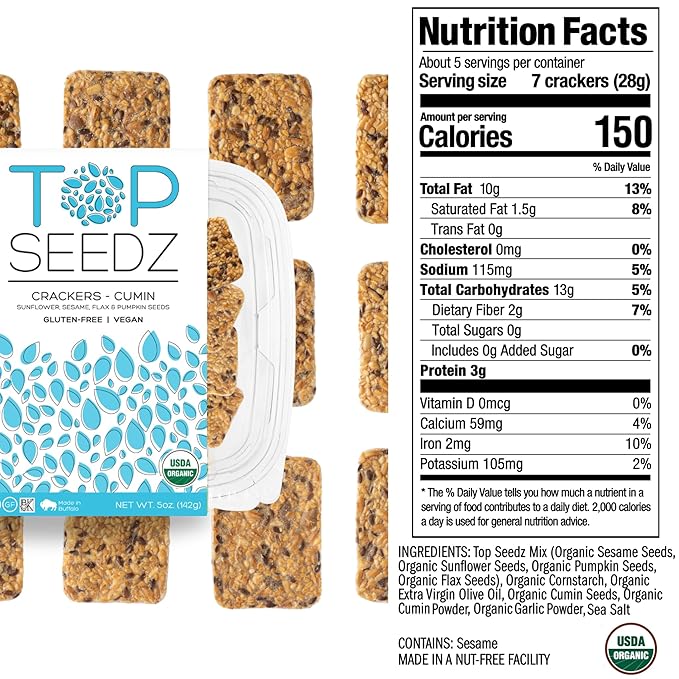 Top Seedz Certified Organic Gluten Free Cumin and 6 Seed Crackers | 6-Pack | 5 Ounces | Healthy