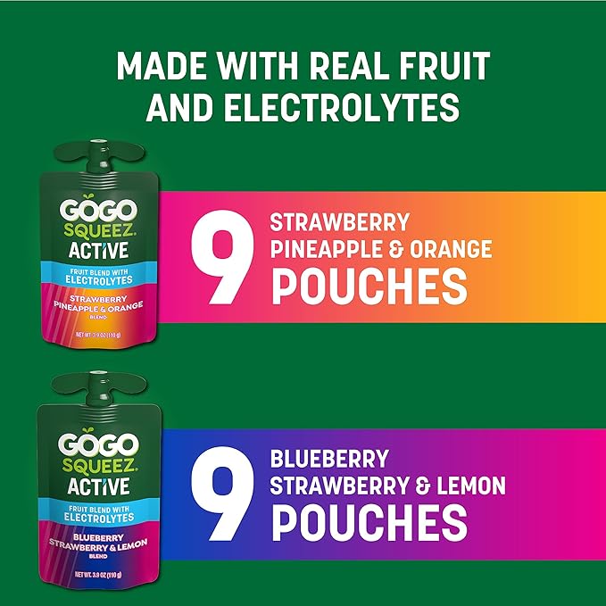 GoGo squeeZ Active Fruit Blend with Electrolytes | 18-Count Variety Pack | Blueberry Strawberry