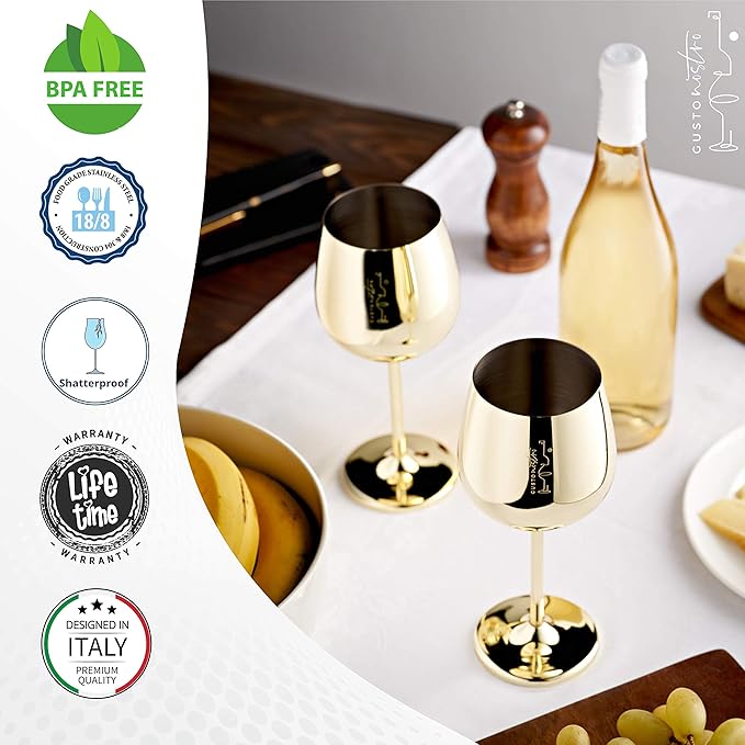 Gusto Nostro Stainless Steel Wine Glass - 18 oz Unbreakable Gold Wine Glasses for Travel, Camping