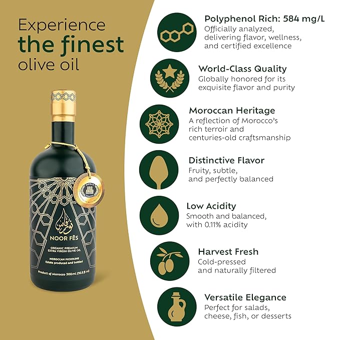 NOOR FÈS USDA Organic | 20+ Awards 584 mg/kg Polyphenol Rich | Premium Extra Virgin Olive Oil |