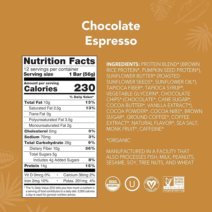 ALOHA Organic Plant Based Protein Bars - Chocolate Espresso (85mg Caffeine) - 12 Bars, Vegan, Low