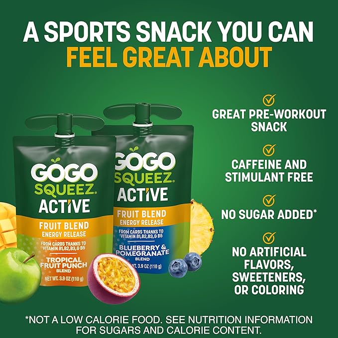 GoGo squeeZ Active Fruit Blend Energy Release | 18-Count Variety Pack | Tropical Fruit Punch and