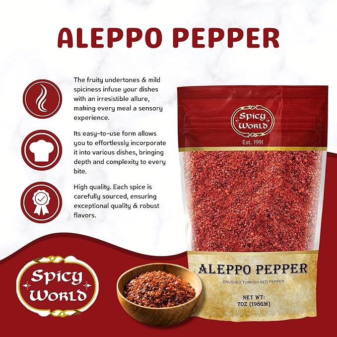Spicy World Aleppo Pepper Flakes 7 oz | Authentic Turkish Chili Spice for Exquisite Heat & Flavor |