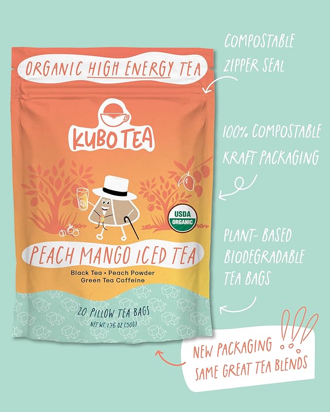 Kubo Tea Peach Mango Black Iced Tea - Organic Pillow Tea Bags - High Caffeine Coffee Alternative w/
