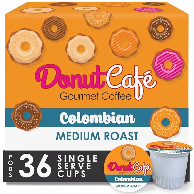 Donut Café - Coffee Gourmet Pods, Colombian Blend, Medium Roast – Non-GMO, Gluten Free – Compatible