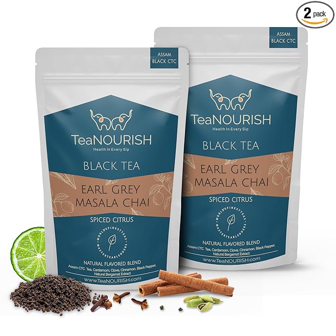 TeaNOURISH Earl Grey Masala Chai Tea | Spiced Citrus | Blend of Assam CTC, Cardamom, Cinnamon