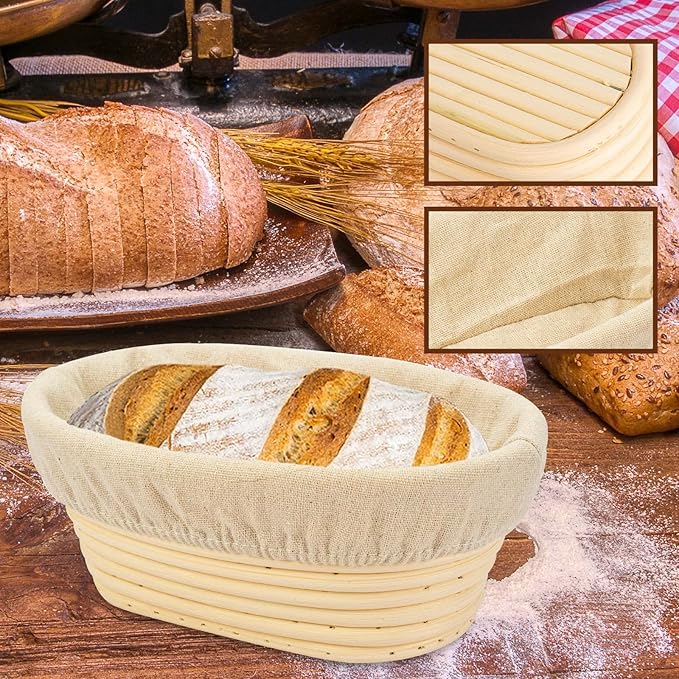 2 PCS 8 inch Oval Long Banneton Brotform Bread Dough Proofing Rising Rattan Basket & Liner for