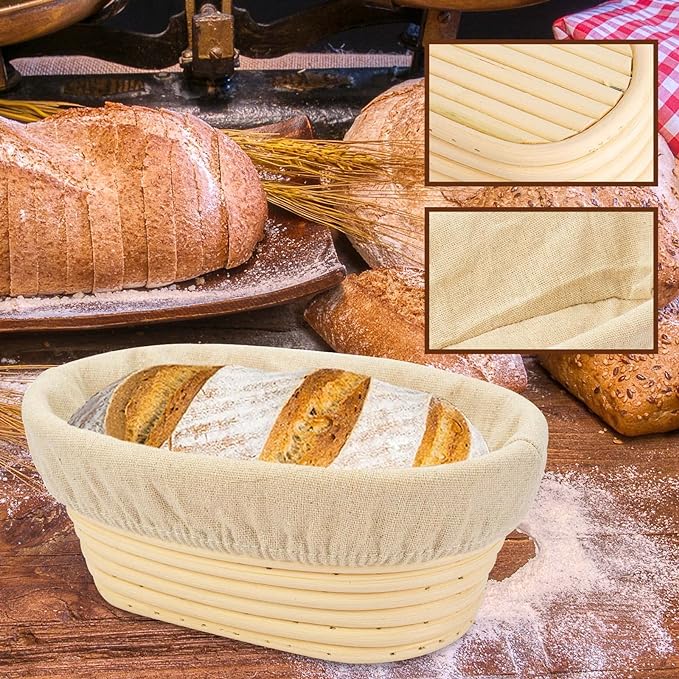 2 PCS 10 inch Oval Long Banneton Brotform Bread Dough Proofing Rising Rattan Basket & Liner for
