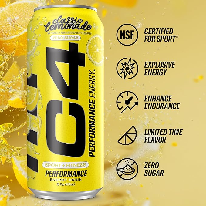 C4 Energy Drink, Lemonade Limited Edition Carbonated, Sugar Free Pre Workout Performance Drink with