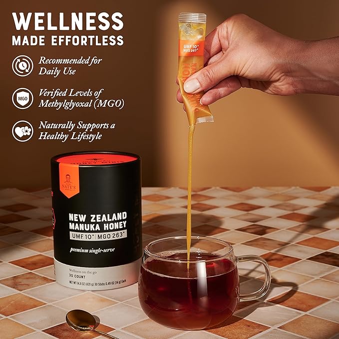 Nate's Manuka Honey Minis - 30 count Single-serve, Pure Manuka Honey - MGO 263+ | UMF Certified 10+