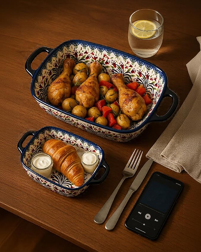 Ceramic Baking Dish Set of 2 ??Decorative Polish Pottery Style Casserole Dishes with Handles, Cute