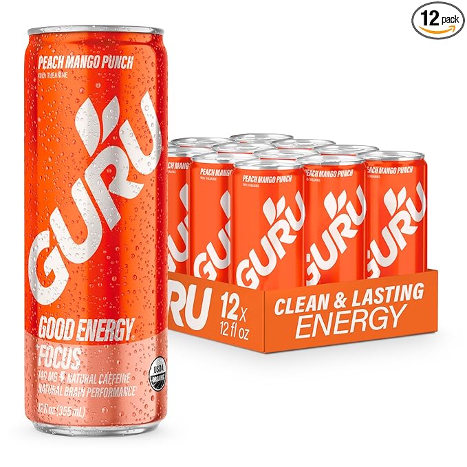 GURU Peach Mango Punch Organic Energy Drinks, Clean Energy Drink with Plant Based Natural Caffeine