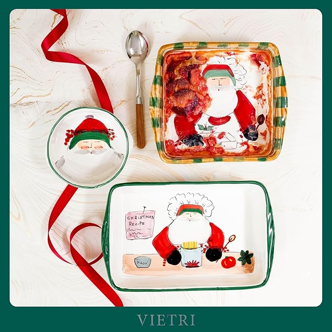 Vietri Old St. Nick Square Baker with Chef, Christmas Oven Baking Dish, 10" Square Earthenware Bake