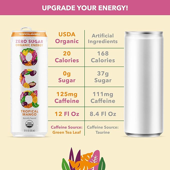 OCA ZERO Tropical Mango, Organic energy drink, zero sugar, gluten-free, vegan plant-based, 12 Fl Oz