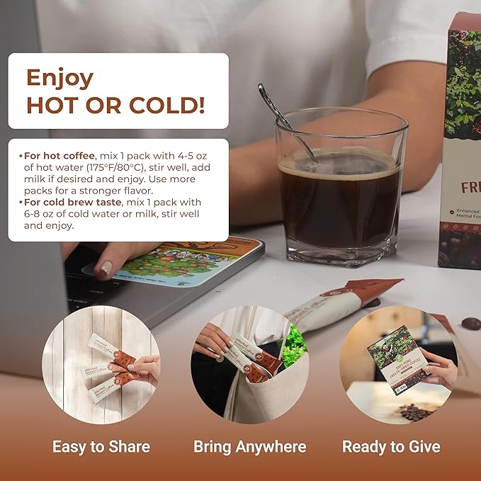 eHerbal Vegan Calming Instant Coffee Powder, plant base freezed dried Cold Brew 20 Packs | Smooth &