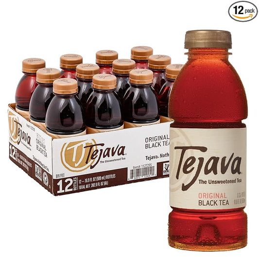 Tejava Original Unsweetened Black Iced Tea, 12 Pack, 16.9oz PET Bottles, Non-GMO, Kosher, No Sugar