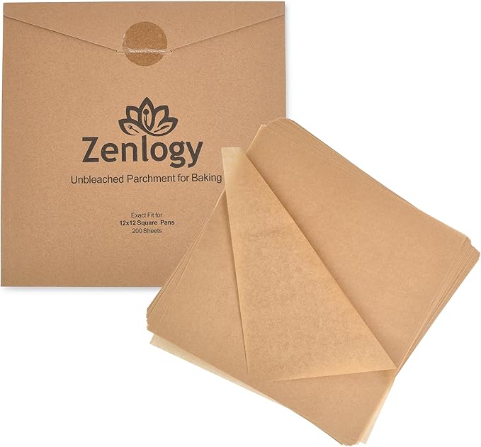 Zenlogy 12x12 Parchment Paper Squares (200 Sheets), Unbleached, High Heat, Non-stick, Pre-cut