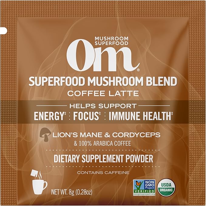 OM MUSHROOM SUPERFOOD Coffee Latte Blend Mushroom Powder, Single Serve, 10 Count, Lion's Mane