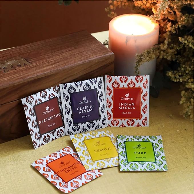 Octavius Gift's Select - Assorted Tea in Wooden Box | 6 Flavors, 60 Tea Bags | Black & Green Tea |