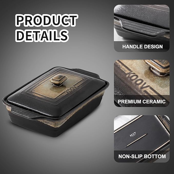 KOOV Ceramic Casserole Dish with Lid, Covered Rectangular Casserole Dish Set, Lasagna Pans with Lid