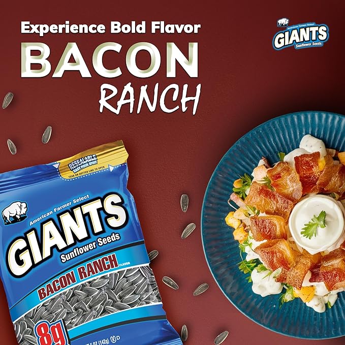 GIANTS Bacon Ranch Sunflower Seeds - Sunflower Seeds Bulk, Flavored Sunflower Seed Snack, Roasted