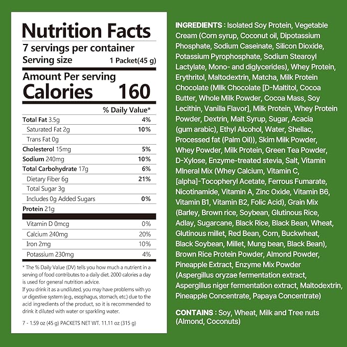 Green Tea Matcha Protein Shake, 21g Protein, Low Sugar, Keto-Friendly Meal Replacement Shake