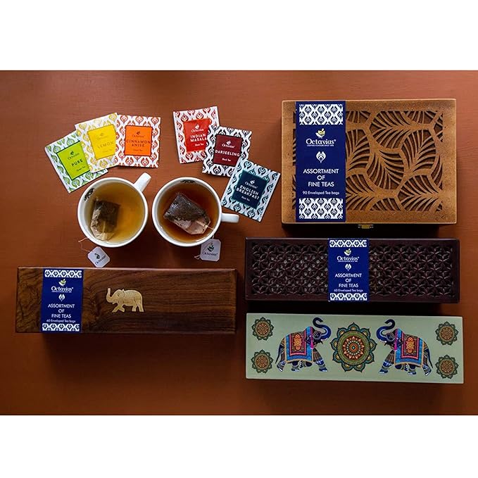 Octavius Assorted Tea Gift Set | 6 Assorted Black & Green Teas | 30 Teabags | Wooden Tea Sampler