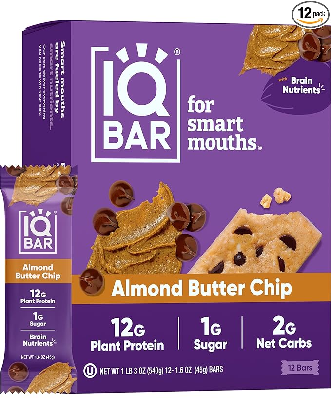 IQBAR Brain and Body Plant Protein Bars - Almond Butter Chip - 12-Count Low Carb - Gluten Free