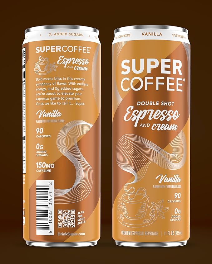 SUPER COFFEE Espresso, Iced Keto Coffee (0g Added Sugar, 90 Calories) [Vanilla] 11 Fl Oz, 12 Pack |
