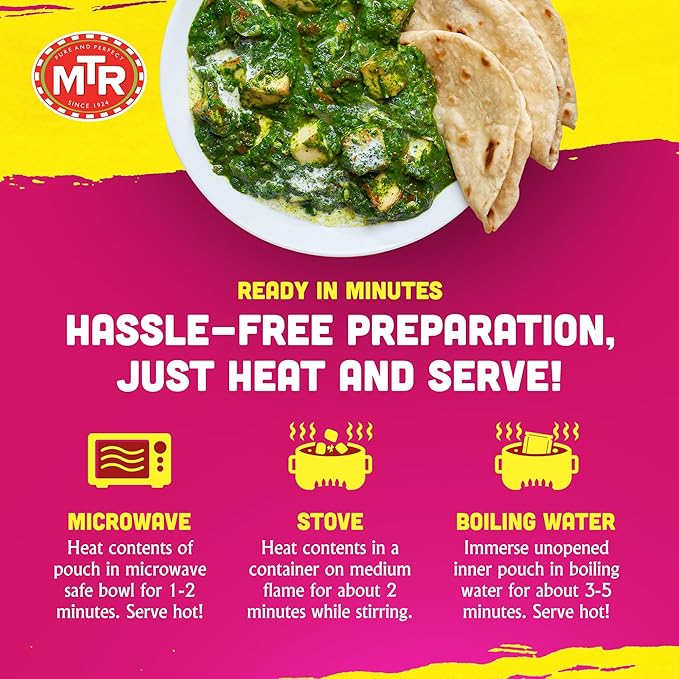 MTR - Minute Meals: Palak Paneer - Spiced Spinach Gravy with Cottage Cheese - Tasty Indian Meal